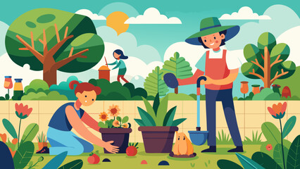 Fototapeta premium Vector illustration of family enjoys gardening together in a vibrant outdoor scene