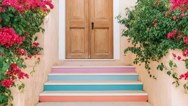 Vibrant colorful staircase surrounded by lush flowering plants leading to wooden door