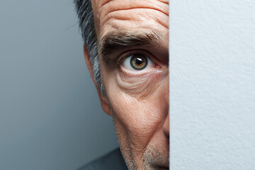 A businessman peeking from behind a blank board
