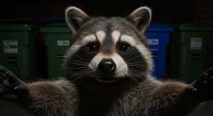 Two raccoons posing playfully in front of recycling bins, captured in a humorous selfie style.