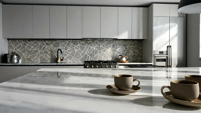 Modern kitchen with marble countertop featuring three cups and a stylish backsplash in sunlight