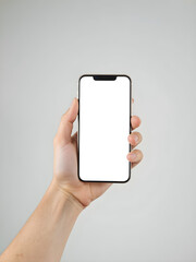 Hand Holding Smartphone Mockup with Blank Screen on Neutral Background. Generative AI