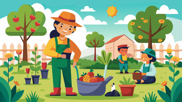 Vector illustration of happy family gardening together in the backyard on a sunny day