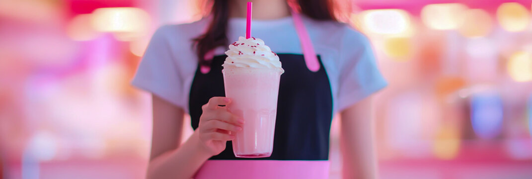 Close-up photo of an adorable girl wearing a stylish black and pink apron, holding a creamy milkshake in her hand with a joyful expression, vibrant colors and soft lighting. - Powered by Adobe