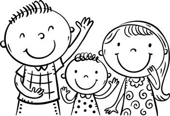 Portrait of family. Parents with little daughter. Front view. Black and white illustration. Coloring page for kids