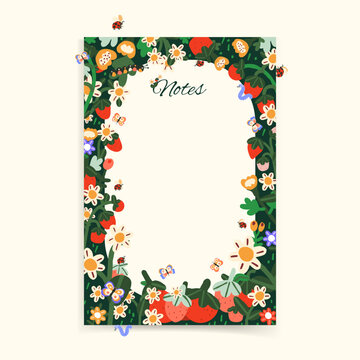 A template for notes decorated with wildflowers and insects in bright colors.