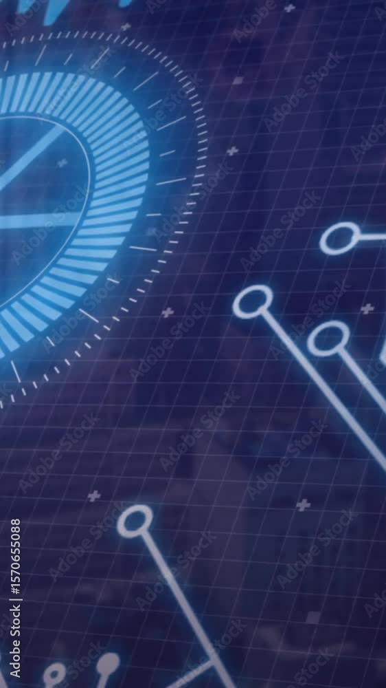 Poster digital circuit board and futuristic interface animation over grid background