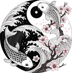 Japanese Koi Fish with Yin-Yang Symbol Traditional Tattoo Style Featuring Waves, Sakura Blossoms, and Intricate Linework in High-Detail Vector Illustration.