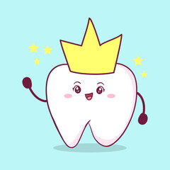 kawaii style cute happy tooth character with crown waving one hand illustration