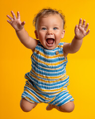Portrait of happy baby boy in striped shirt jumping on yellow background
