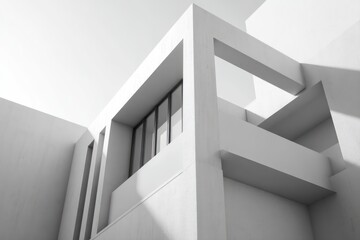 Obraz premium Compact two-story duplex with recessed facade planes mid-morning natural light cold-neutral tone grade sharp perspective lines precise shadow