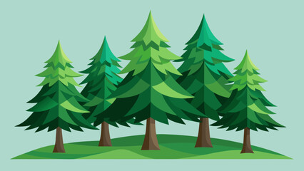 Naklejka premium Vector illustration of cartoon pine trees stand on a green hill with a light blue background