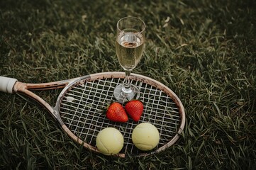 Strawberries, champagne and tennis balls on racket in the grass