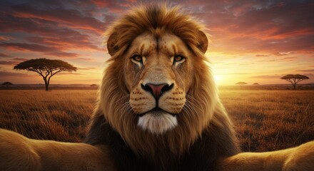 Powerful lion posing with a serious expression in front of an African sunset, facing the camera.