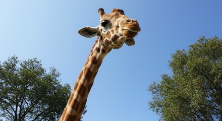 Two giraffes captured from below, looking down with trees and blue sky in the background.