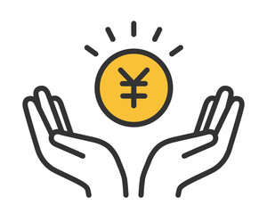 円マークのコインと両手のイラスト｜お金を守る・節約・貯金のアイコン シンプル ベクター素材