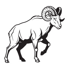 A striking black and white vector illustration of a majestic ram walking gracefully