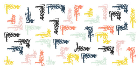 Chalk hand drawn corner elements, color rectangular frames, text corners, quote frame, geometric pattern. Crayon marker lines, underlines, frames, grunge texture, doodle vector sketch illustration.