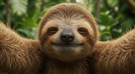 A smiling sloth taking a selfie with both arms extended, surrounded by lush greenery. Humorous and expressive wildlife portrait.