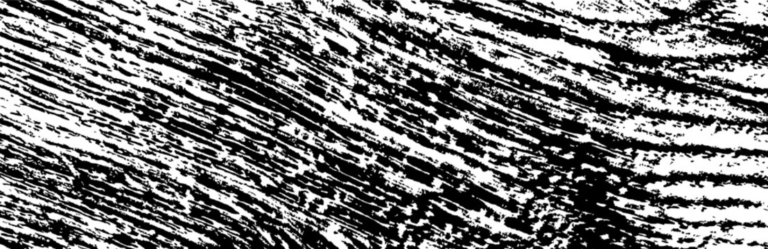 High contrast black and white grunge wood texture background. Abstract rough surface with brush like strokes and distressed scratch details. Perfect for use as overlay, mask, textile design, packaging