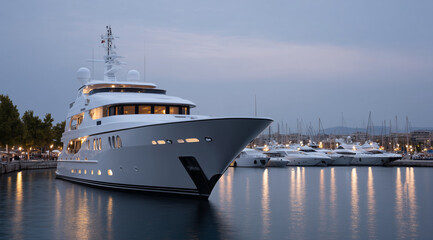 A luxurious yacht docked at the harbor, showcasing its impressive size and opulent design as it glows under warm lights against an evening backdrop with other boats in the backgrou