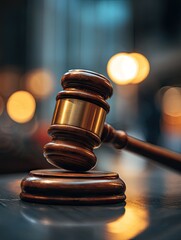A dark-wood gavel rests on its sound block, a gold band encircling its head; bokeh lights blur the background
