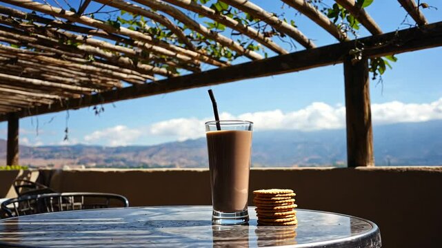Refreshing chocolate drink with cookies on a sunny terrace overlooking distant mountains