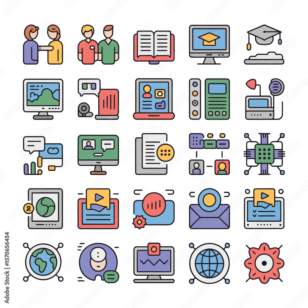 Poster collection of colorful line icons depicting online education global communication teamwork data anal