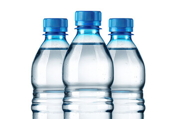 Three water bottles with blue caps