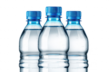 Three water bottles with blue caps