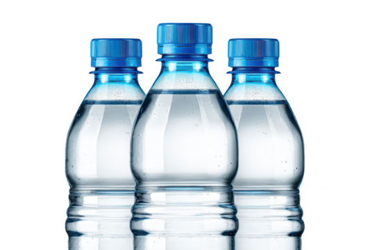 Three water bottles with blue caps