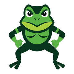 An angry green frog poses with fists ready for action