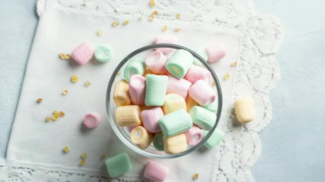 Glass filled with colorful marshmallows on lace doily, accompanied by candy pieces