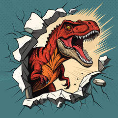 Angry T-Rex Comic Style Dinosaur Bursting Through Torn Paper with Halftone Background, Dynamic Shadows, and Bold Lines for Action Design.