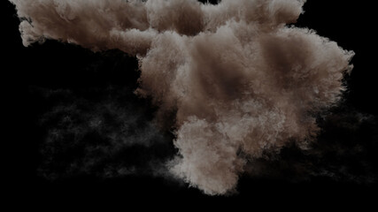 Isolated large cloud of brown smoke or dust from the end of a massive explosion with a lighter inner section on a black background