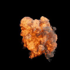 Isolated Large explosion with a bright fiery center surrounded by dark smoke on a black background