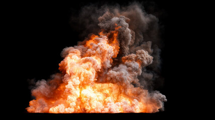 Isolated large intense explosion with flames and smoke billowing upward against a black background creating a dramatic visual effect