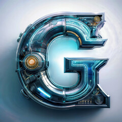Isolated capital letter G in SciFi style mainly in metal with some orange lightings with lots of technical details on a light background