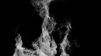 Isolated white smoke rising vertically and coming from a central point with swirls and twists on a black background