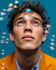 Portrait of a young man with soap bubbles on blue background.