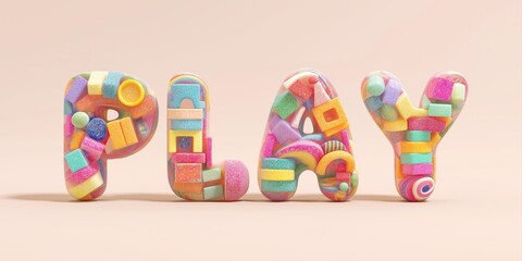 Fototapeta premium PLAY - 3D bubble letters filled with colorful toy blocks, rainbow shapes and kinetic sand highlighted on a light pastel background.