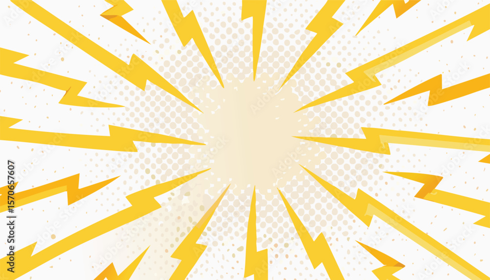 Poster lightning power cartoon vector background. thunder bold abstract burst with halftone effect and spee