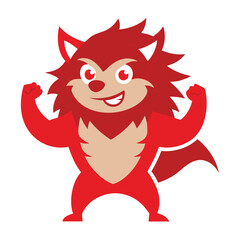 Cartoon red wolf character flexing muscles with a confident smile