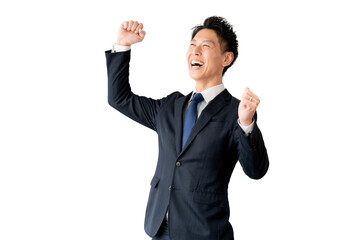 ガッツポーズで喜ぶ笑顔の男性ビジネスマン（背景透過PNG）