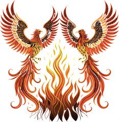 Two Symmetrical Phoenix Birds in Flight Mandala and Tribal Feather Patterns with Swirling Fire on Black Background for Bold Mythical Design.