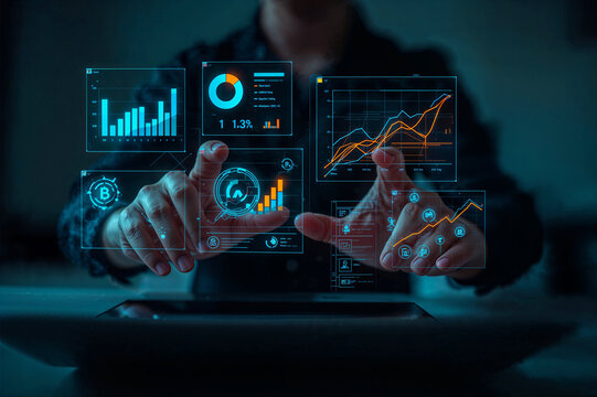 Person interacting with futuristic data visualization screens data analysis digital interface