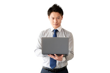 ノートパソコンを使う男性ビジネスマン（背景透過PNG）