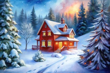 Cozy red cabin nestled in a snowy forest under a starry winter sky