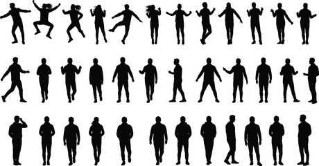 Silhouettes of people walking, jumping, posing, standing, in motion, full body figures, isolated on white background, black silhouette art