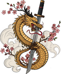 Golden Dragon Wrapped Around Ancient Sword Traditional Japanese Tattoo Style with Cherry Blossoms, Smoke, Bold Ink Lines, and Dramatic Shadows.